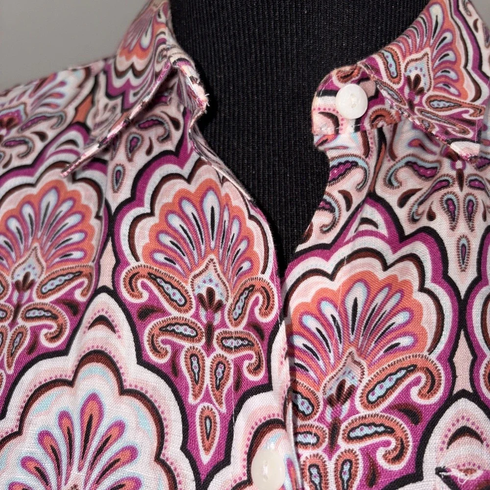 Chico's Top Womens Size 1 Pink‎ Linen No-Iron Paisley Button 3/4 Sleeve Career